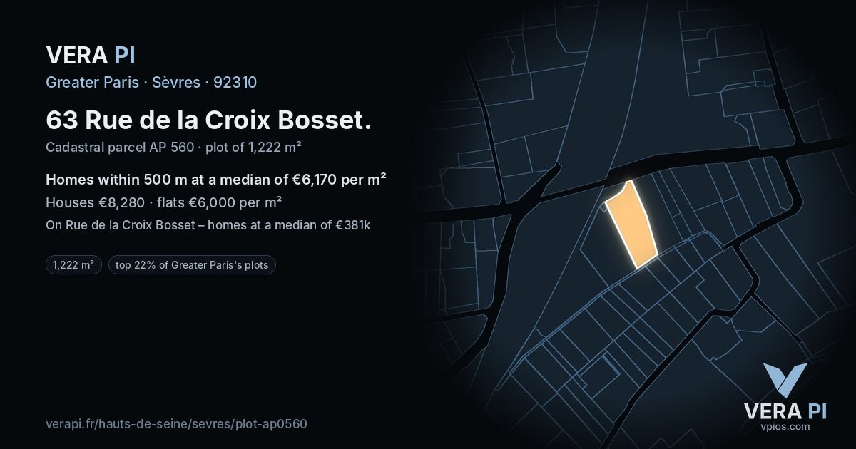 63 Rue de la Croix Bosset, Sèvres at night – the plot lit, the parcels around coloured by the prices near them