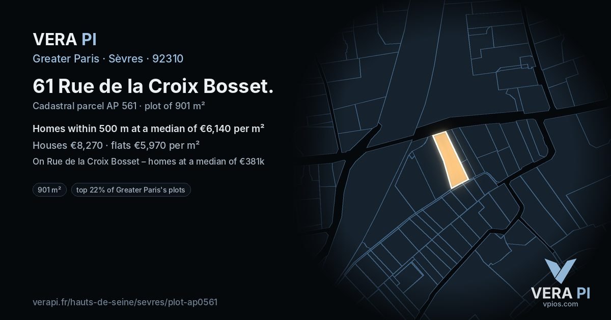 61 Rue de la Croix Bosset, Sèvres at night – the plot lit, the parcels around coloured by the prices near them