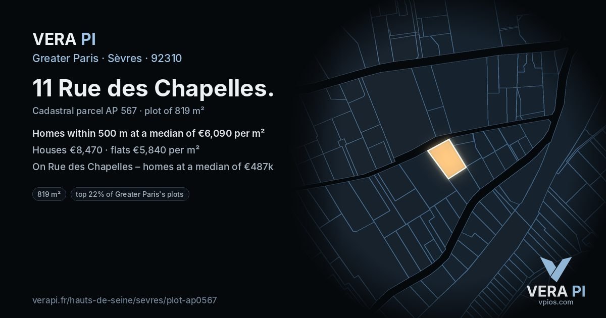 11 Rue des Chapelles, Sèvres at night – the plot lit, the parcels around coloured by the prices near them