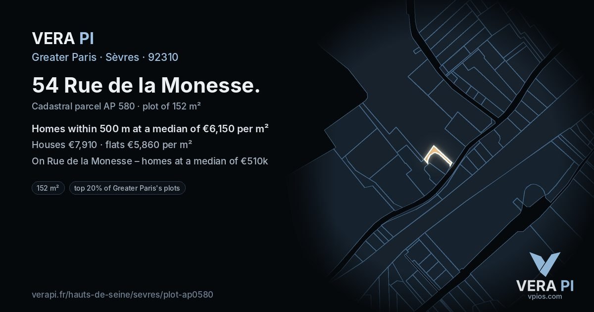54 Rue de la Monesse, Sèvres at night – the plot lit, the parcels around coloured by the prices near them