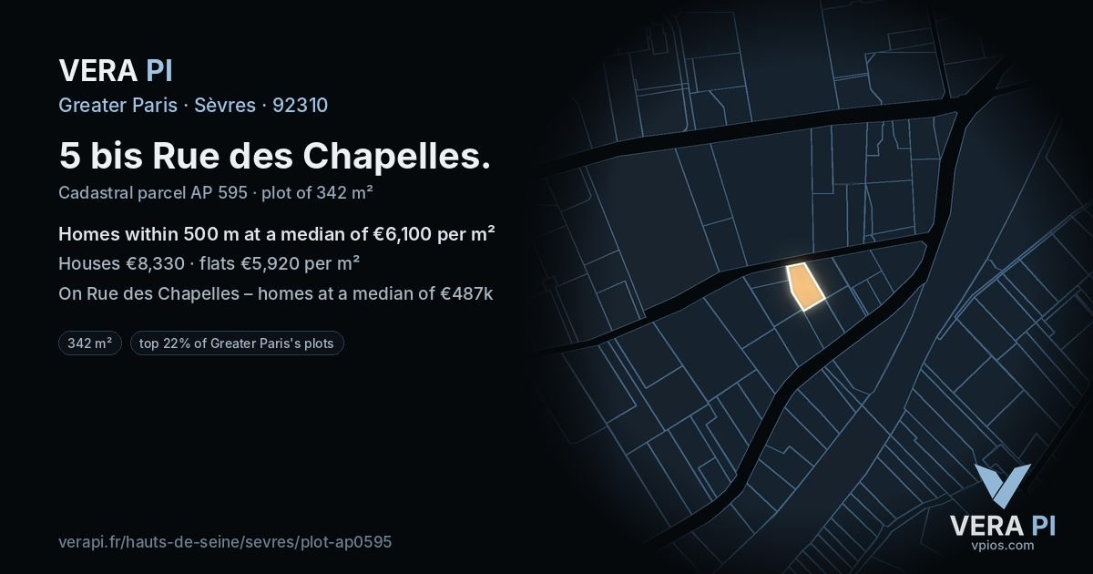 5 bis Rue des Chapelles, Sèvres at night – the plot lit, the parcels around coloured by the prices near them