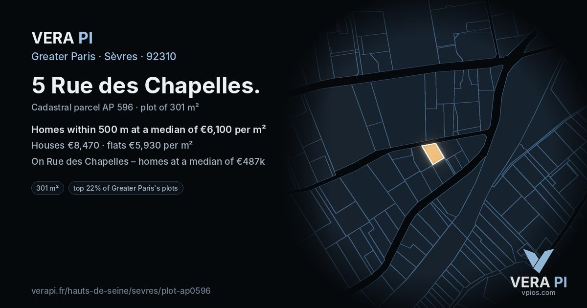 5 Rue des Chapelles, Sèvres at night – the plot lit, the parcels around coloured by the prices near them
