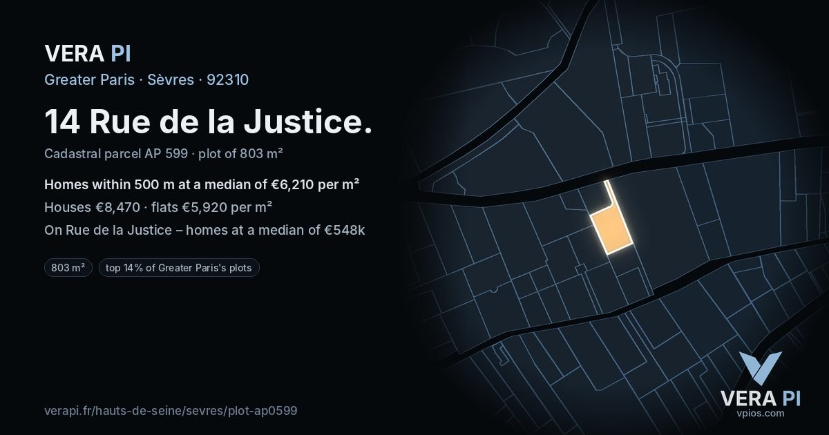 14 Rue de la Justice, Sèvres at night – the plot lit, the parcels around coloured by the prices near them