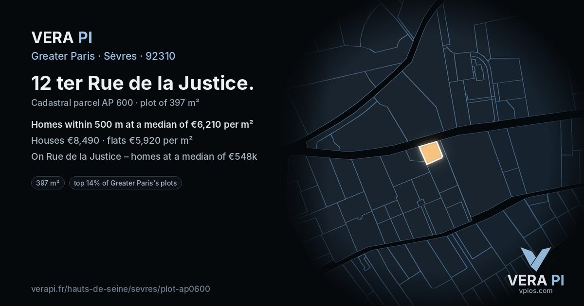 12 ter Rue de la Justice, Sèvres at night – the plot lit, the parcels around coloured by the prices near them