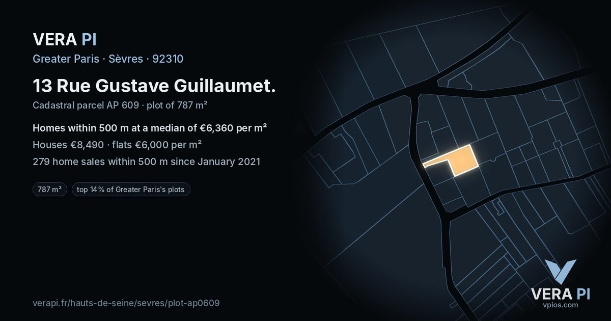 13 Rue Gustave Guillaumet, Sèvres at night – the plot lit, the parcels around coloured by the prices near them
