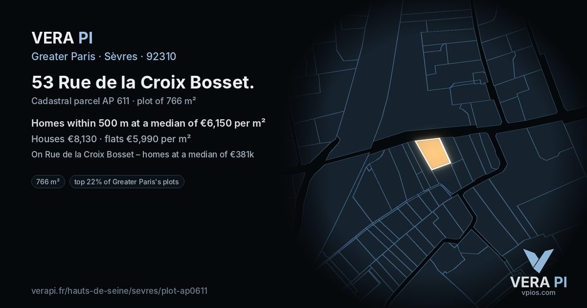 53 Rue de la Croix Bosset, Sèvres at night – the plot lit, the parcels around coloured by the prices near them