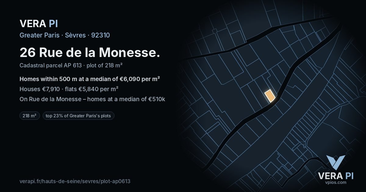 26 Rue de la Monesse, Sèvres at night – the plot lit, the parcels around coloured by the prices near them