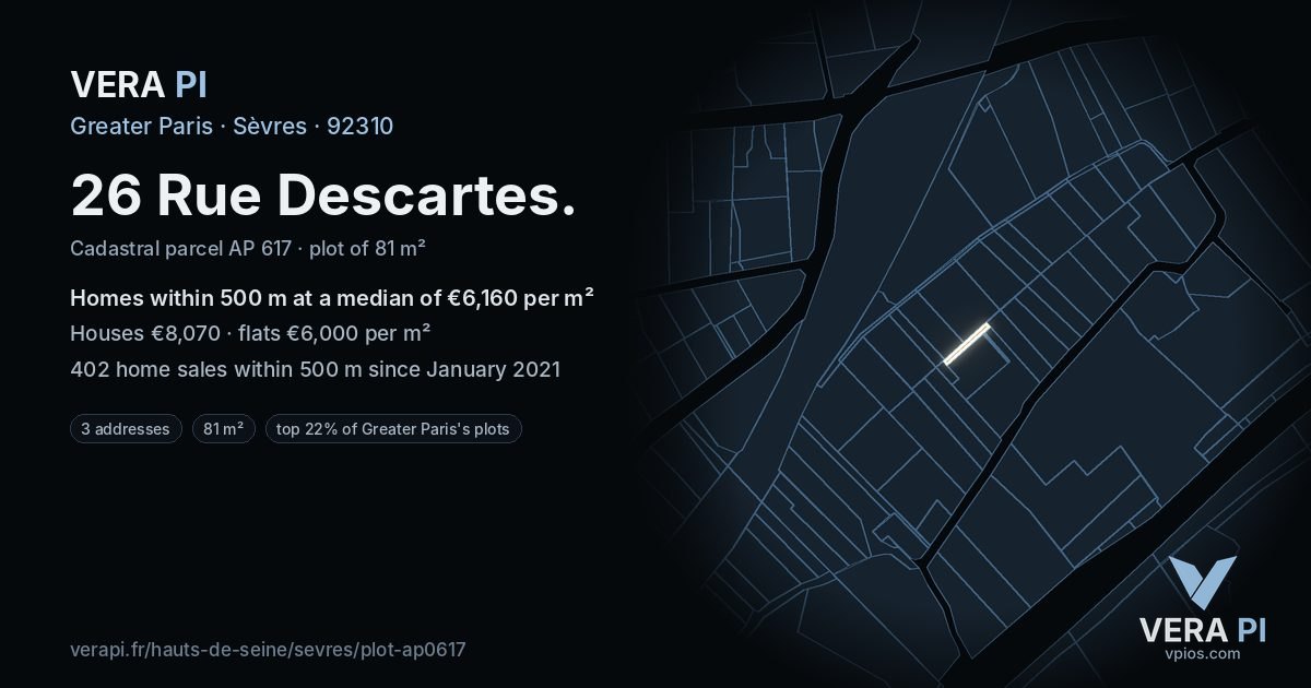 26 Rue Descartes, Sèvres at night – the plot lit, the parcels around coloured by the prices near them