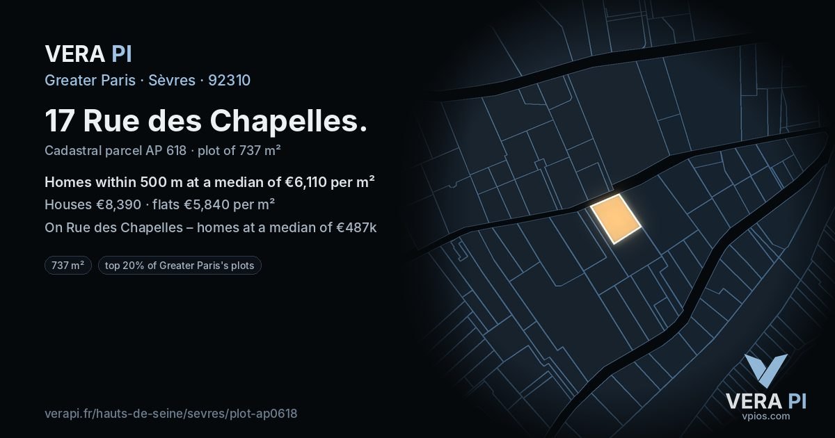 17 Rue des Chapelles, Sèvres at night – the plot lit, the parcels around coloured by the prices near them