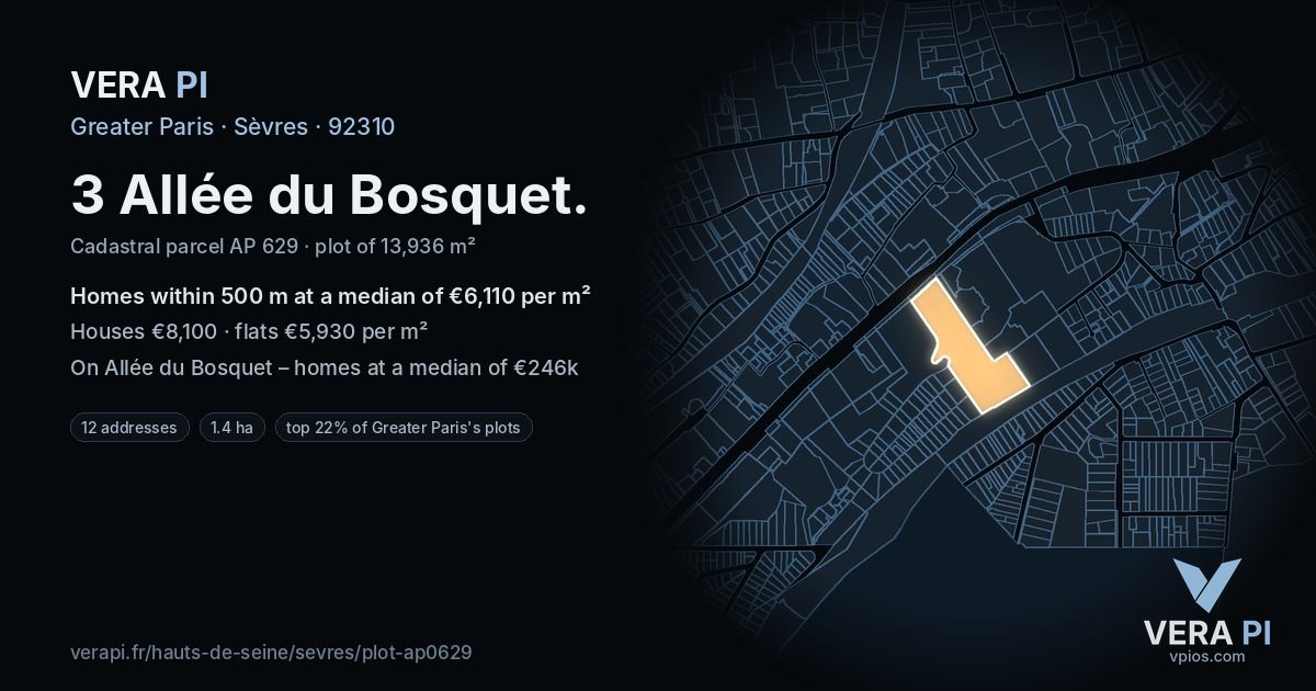 3 Allée du Bosquet, Sèvres at night – the plot lit, the parcels around coloured by the prices near them