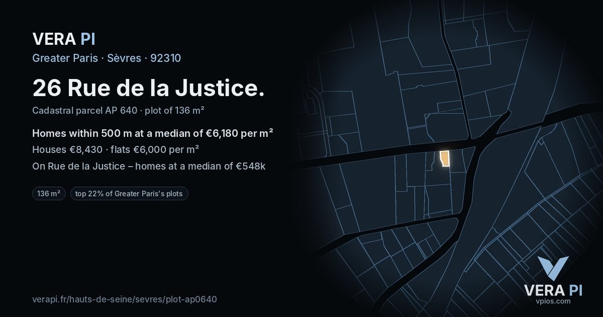 26 Rue de la Justice, Sèvres at night – the plot lit, the parcels around coloured by the prices near them