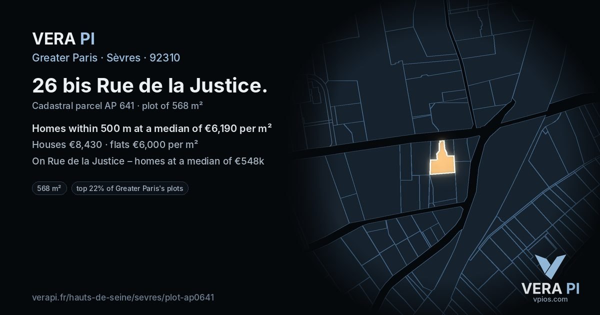 26 bis Rue de la Justice, Sèvres at night – the plot lit, the parcels around coloured by the prices near them