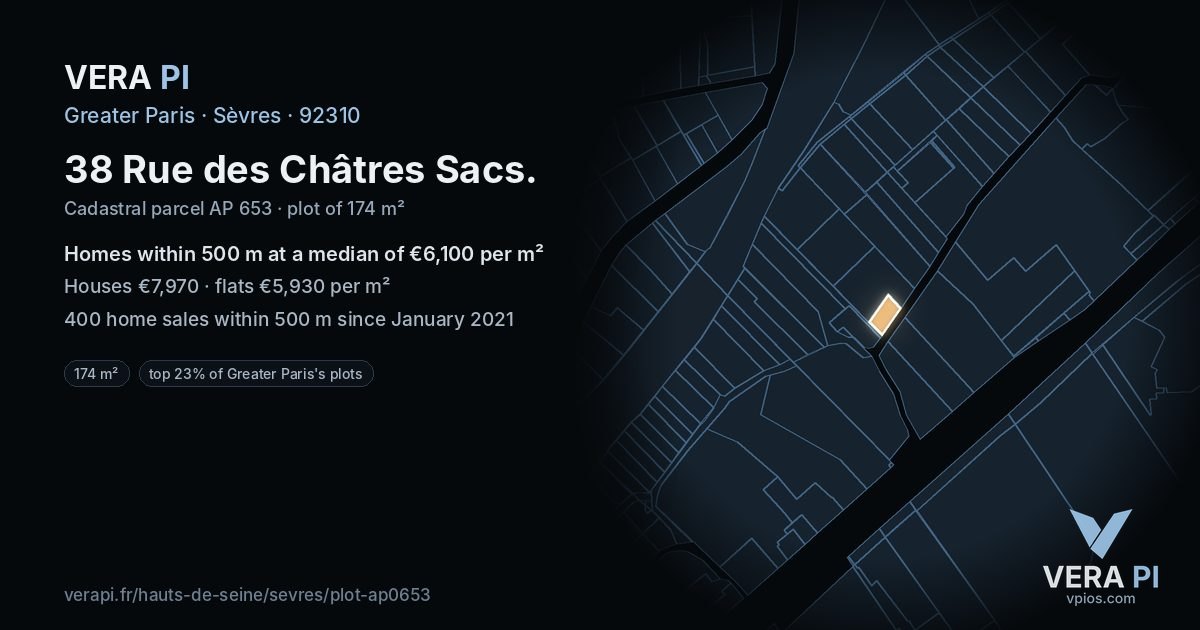38 Rue des Châtres Sacs, Sèvres at night – the plot lit, the parcels around coloured by the prices near them