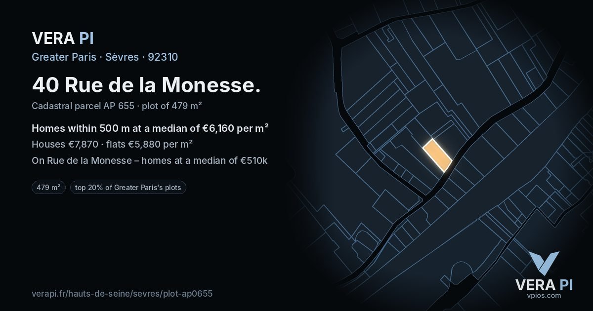 40 Rue de la Monesse, Sèvres at night – the plot lit, the parcels around coloured by the prices near them