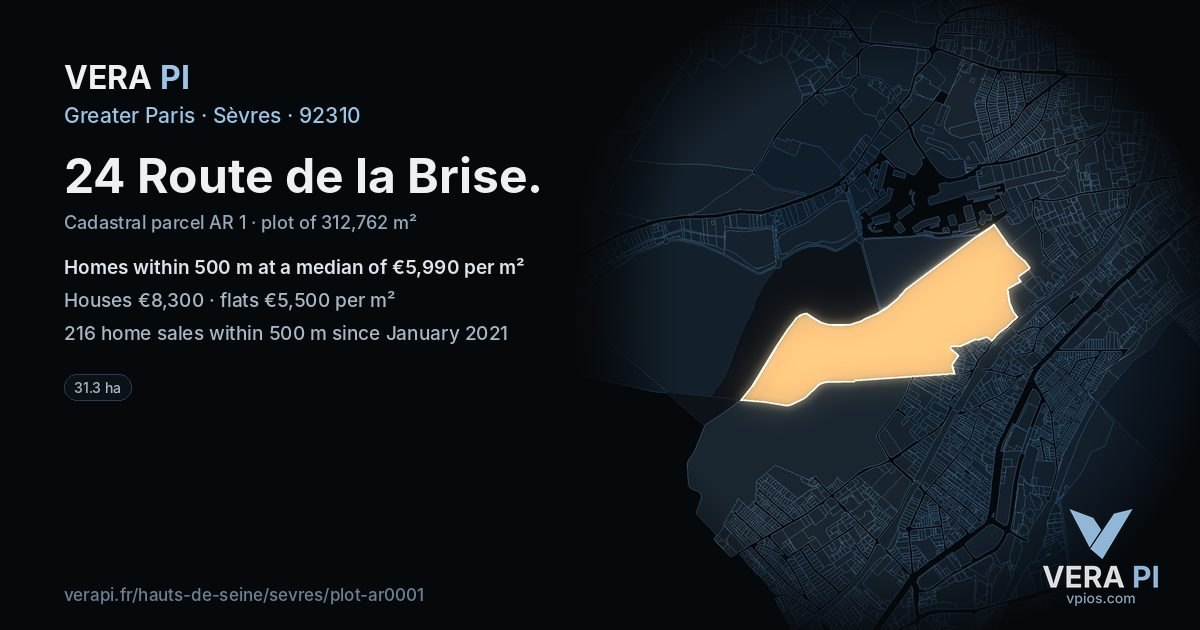 24 Route de la Brise, Sèvres at night – the plot lit, the parcels around coloured by the prices near them