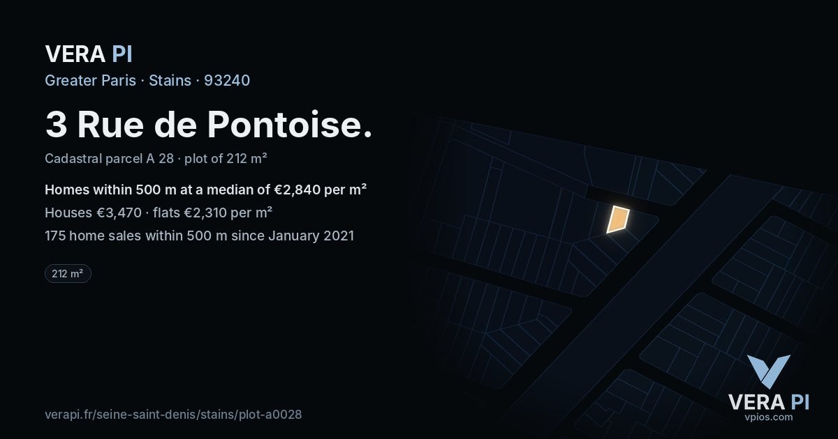 3 Rue de Pontoise, Stains at night – the plot lit, the parcels around coloured by the prices near them