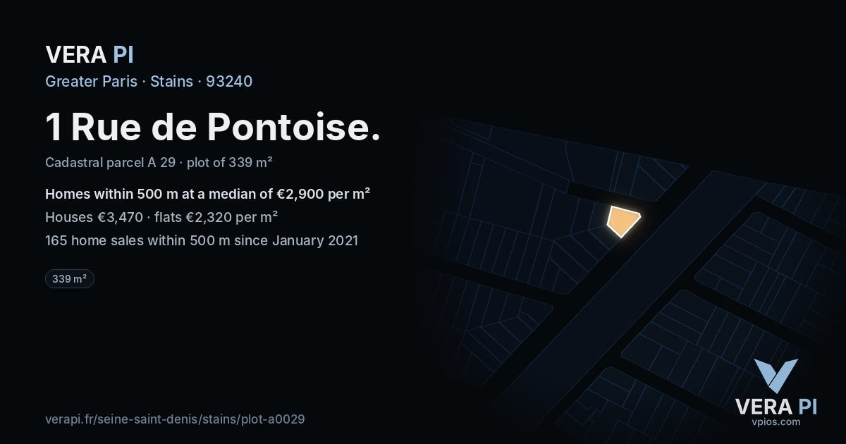 1 Rue de Pontoise, Stains at night – the plot lit, the parcels around coloured by the prices near them