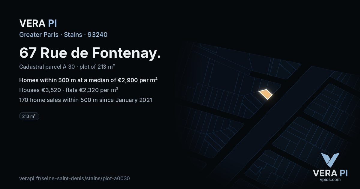 67 Rue de Fontenay, Stains at night – the plot lit, the parcels around coloured by the prices near them