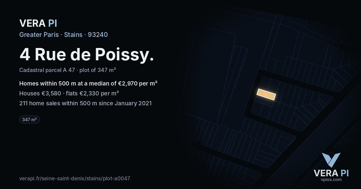 4 Rue de Poissy, Stains at night – the plot lit, the parcels around coloured by the prices near them