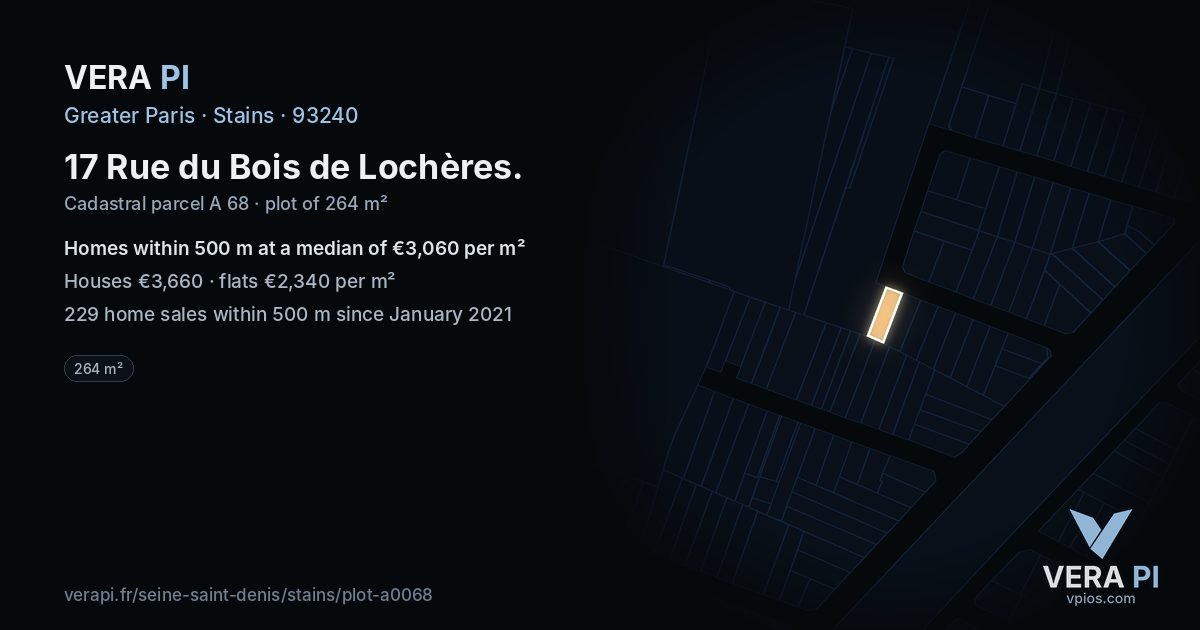 17 Rue du Bois de Lochères, Stains at night – the plot lit, the parcels around coloured by the prices near them