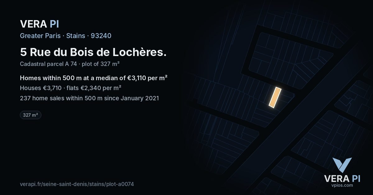 5 Rue du Bois de Lochères, Stains at night – the plot lit, the parcels around coloured by the prices near them