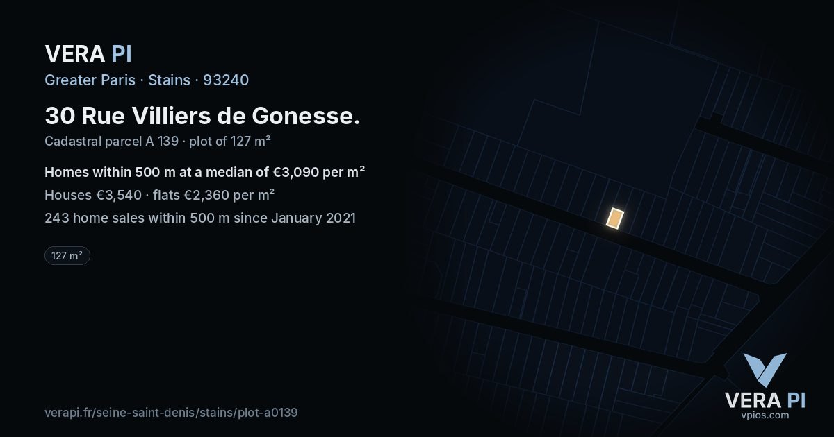 30 Rue Villiers de Gonesse, Stains at night – the plot lit, the parcels around coloured by the prices near them