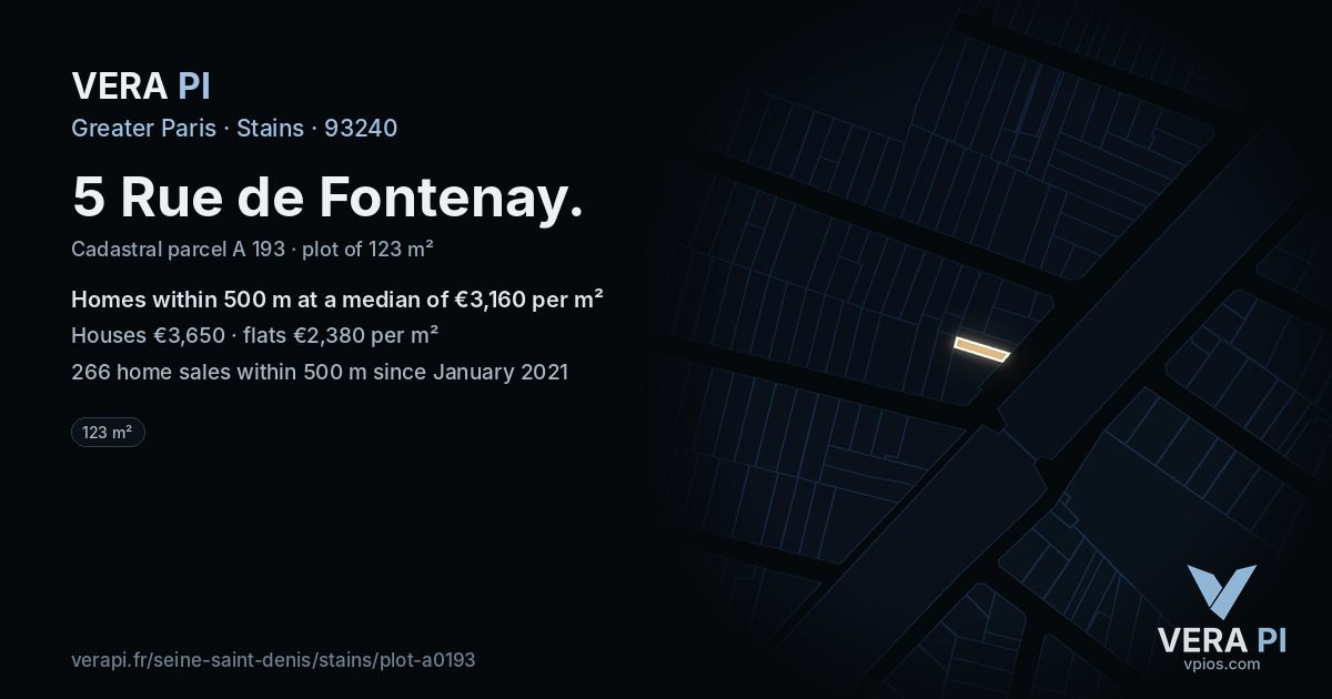 5 Rue de Fontenay, Stains at night – the plot lit, the parcels around coloured by the prices near them