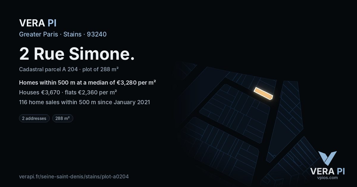 2 Rue Simone, Stains at night – the plot lit, the parcels around coloured by the prices near them