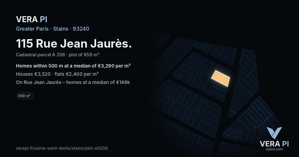 115 Rue Jean Jaurès, Stains at night – the plot lit, the parcels around coloured by the prices near them