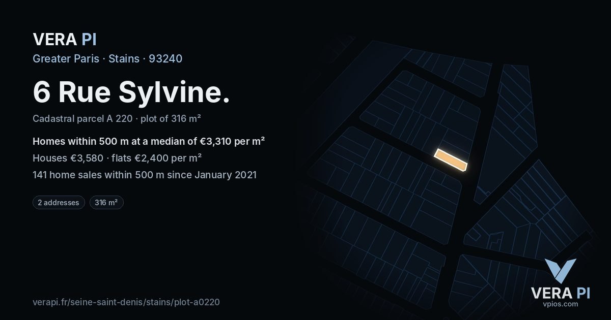 6 Rue Sylvine, Stains at night – the plot lit, the parcels around coloured by the prices near them