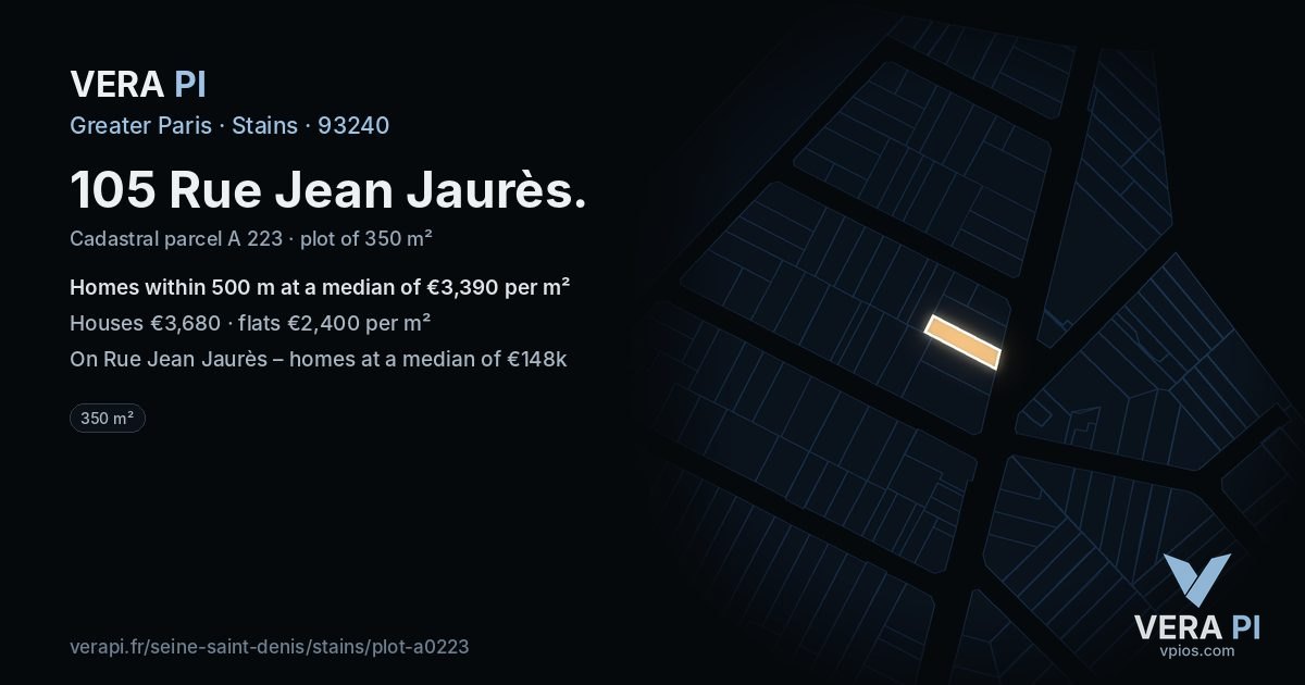 105 Rue Jean Jaurès, Stains at night – the plot lit, the parcels around coloured by the prices near them