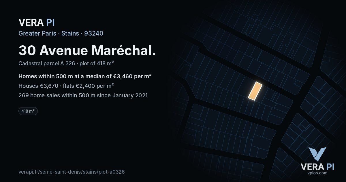30 Avenue Maréchal, Stains at night – the plot lit, the parcels around coloured by the prices near them