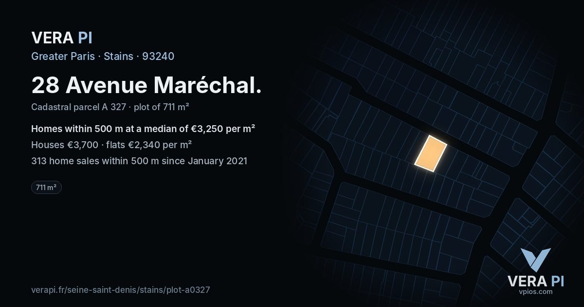 28 Avenue Maréchal, Stains at night – the plot lit, the parcels around coloured by the prices near them