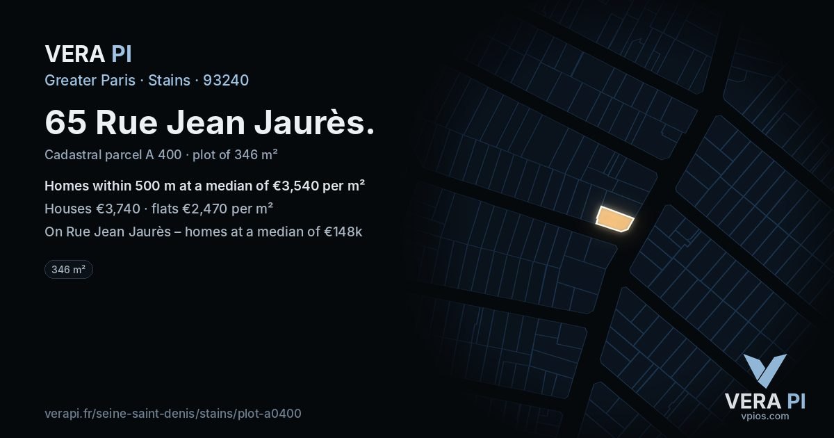 65 Rue Jean Jaurès, Stains at night – the plot lit, the parcels around coloured by the prices near them