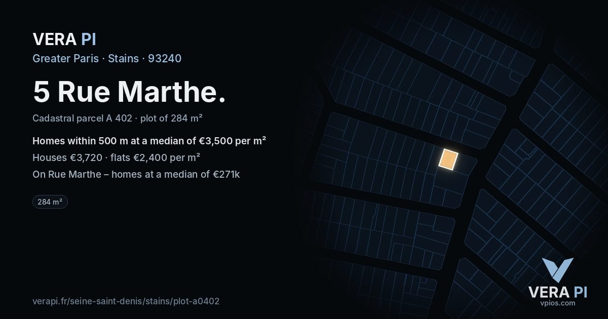 5 Rue Marthe, Stains at night – the plot lit, the parcels around coloured by the prices near them