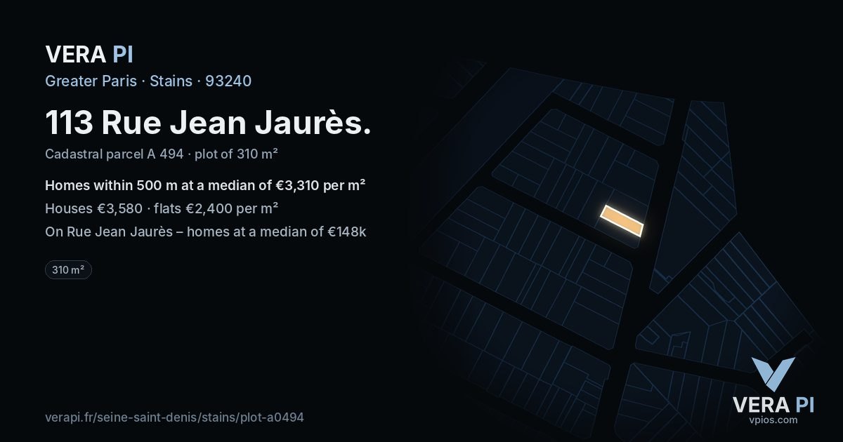 113 Rue Jean Jaurès, Stains at night – the plot lit, the parcels around coloured by the prices near them