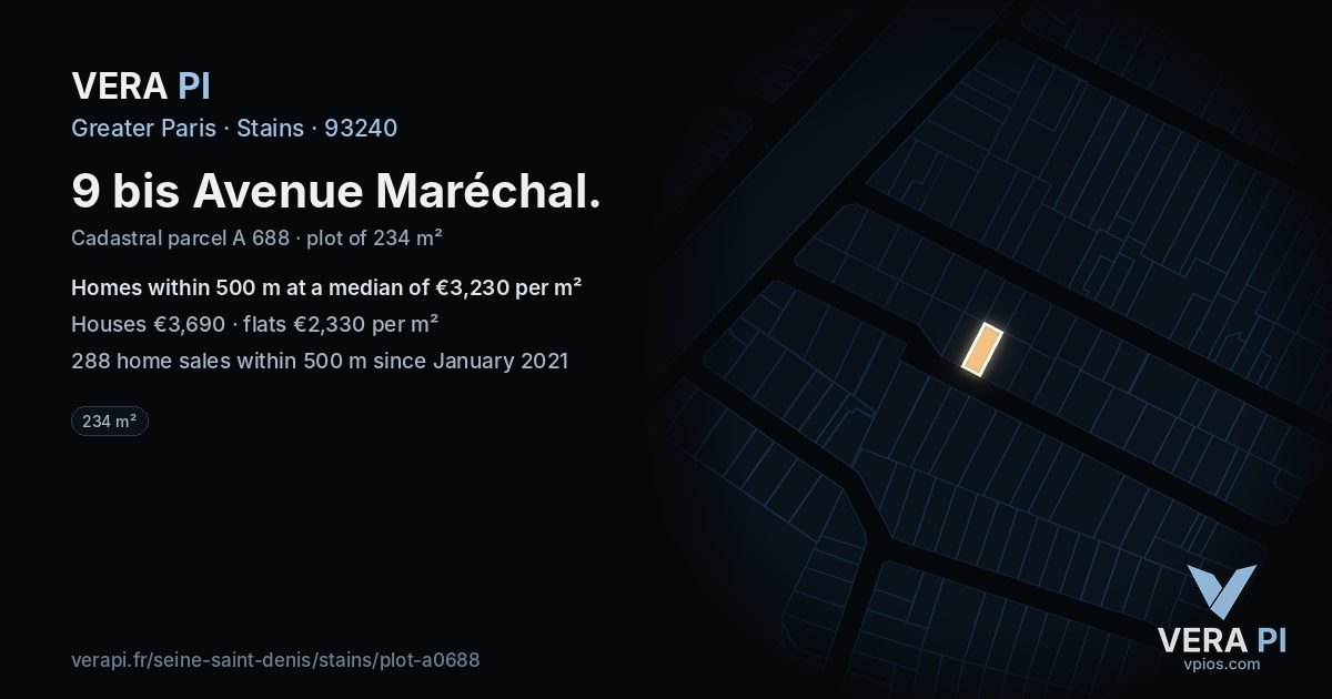 9 bis Avenue Maréchal, Stains at night – the plot lit, the parcels around coloured by the prices near them