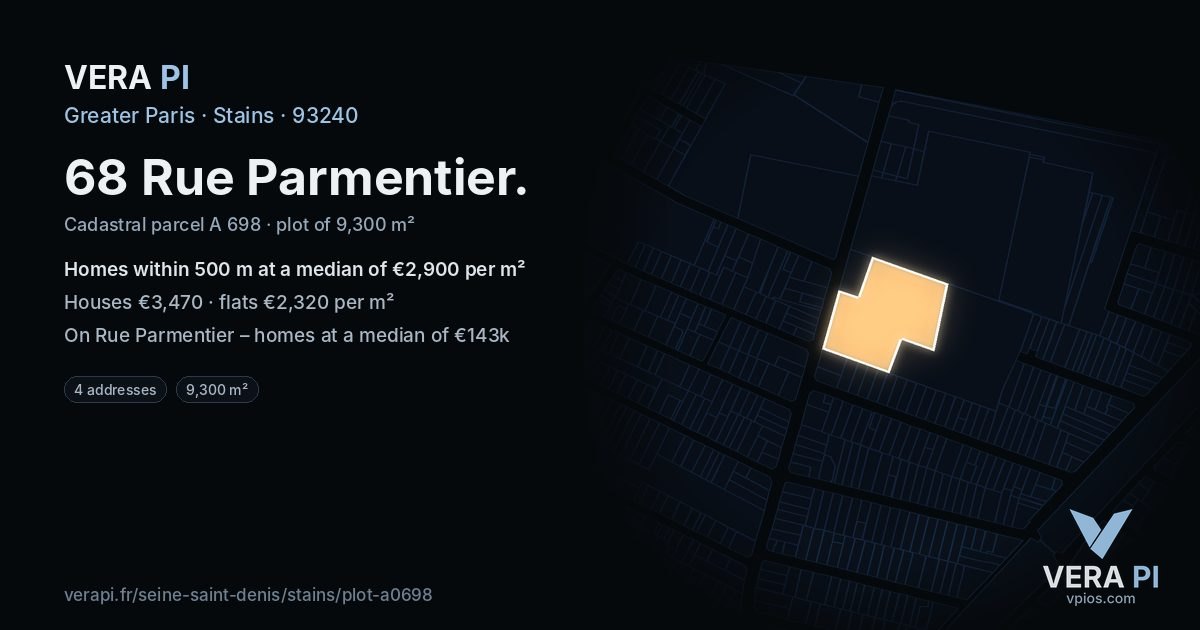 68 Rue Parmentier, Stains at night – the plot lit, the parcels around coloured by the prices near them