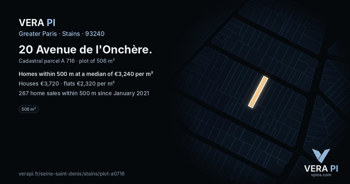 20 Avenue de l'Onchère, Stains at night – the plot lit, the parcels around coloured by the prices near them