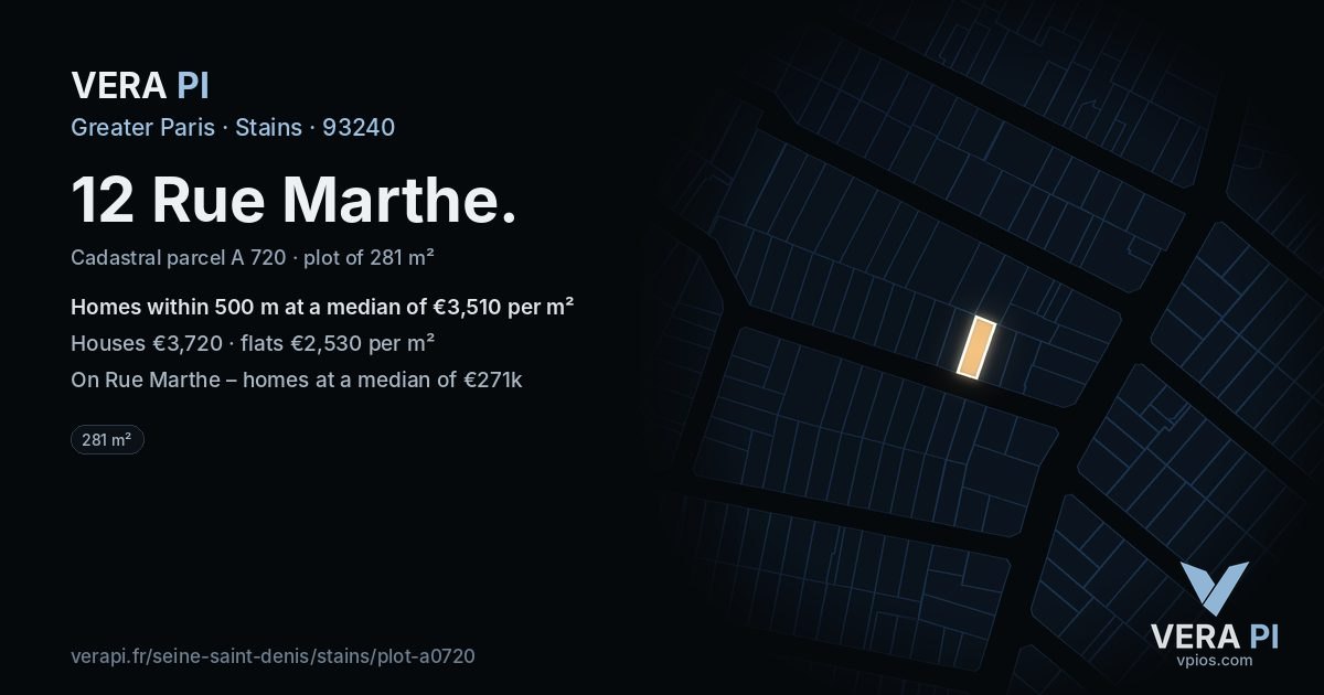 12 Rue Marthe, Stains at night – the plot lit, the parcels around coloured by the prices near them