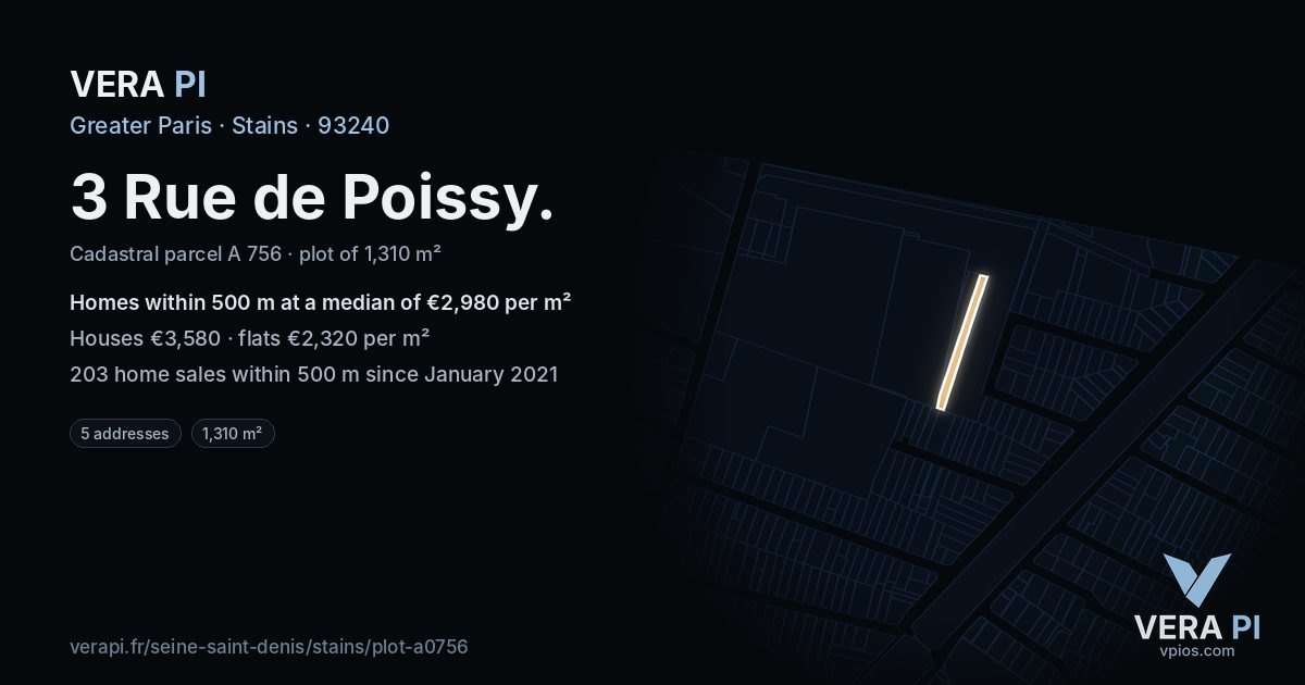 3 Rue de Poissy, Stains at night – the plot lit, the parcels around coloured by the prices near them
