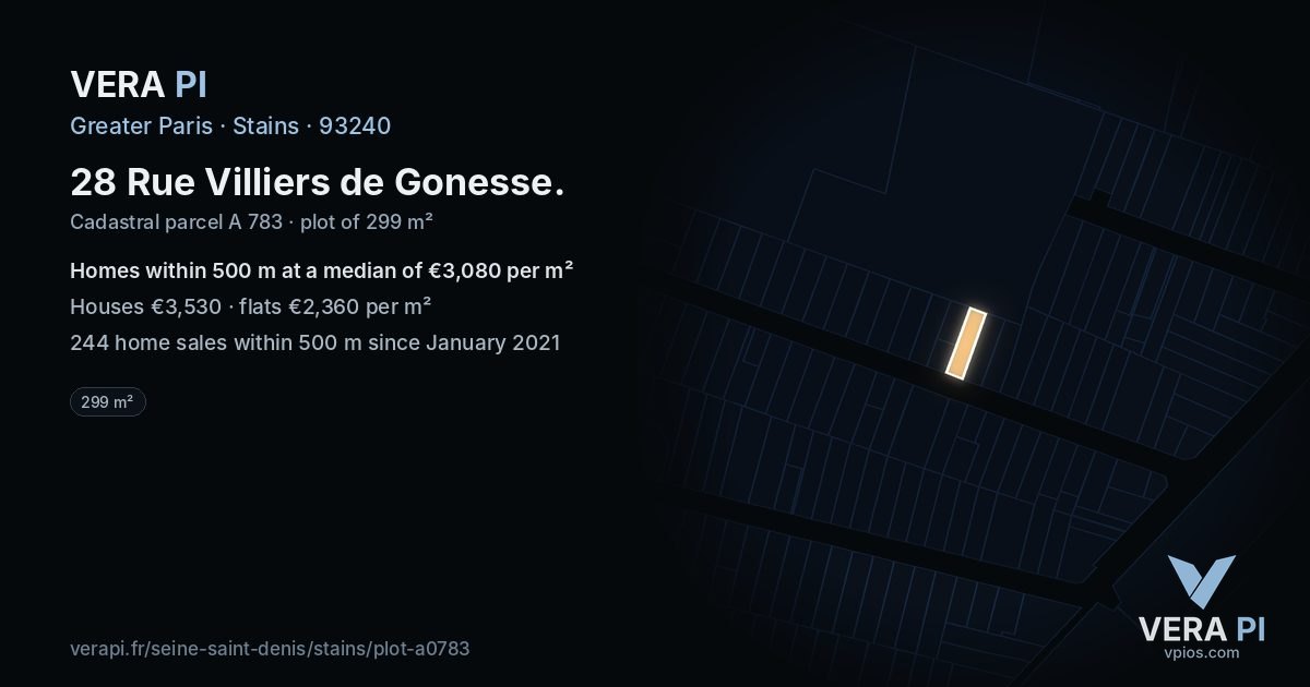 28 Rue Villiers de Gonesse, Stains at night – the plot lit, the parcels around coloured by the prices near them