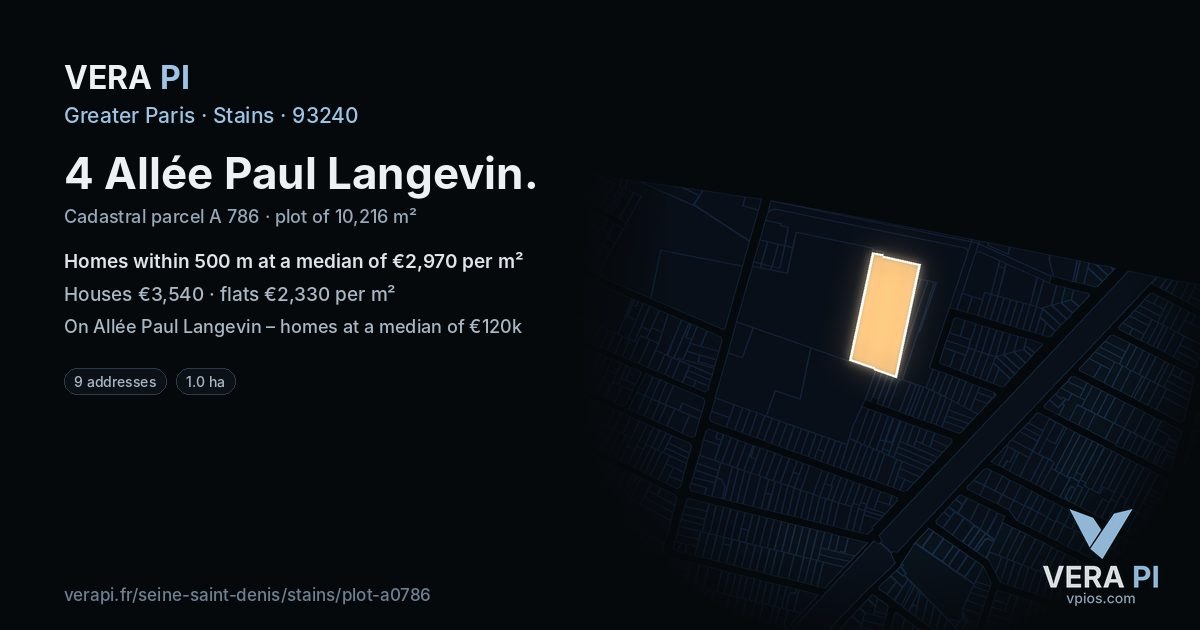 4 Allée Paul Langevin, Stains at night – the plot lit, the parcels around coloured by the prices near them