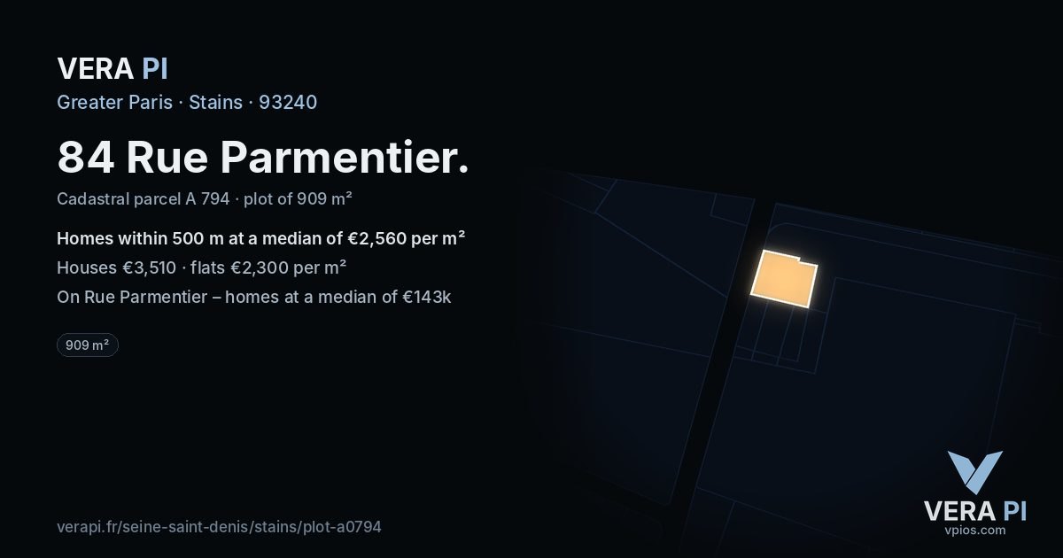 84 Rue Parmentier, Stains at night – the plot lit, the parcels around coloured by the prices near them
