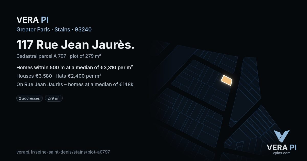 117 Rue Jean Jaurès, Stains at night – the plot lit, the parcels around coloured by the prices near them