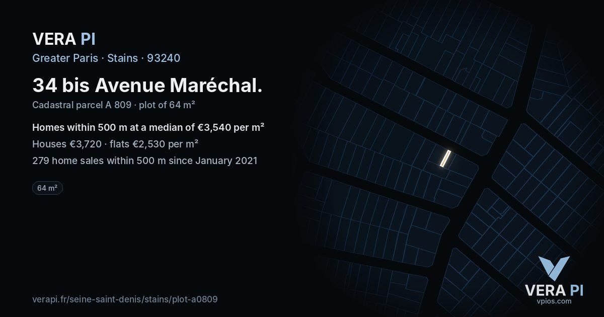 34 bis Avenue Maréchal, Stains at night – the plot lit, the parcels around coloured by the prices near them