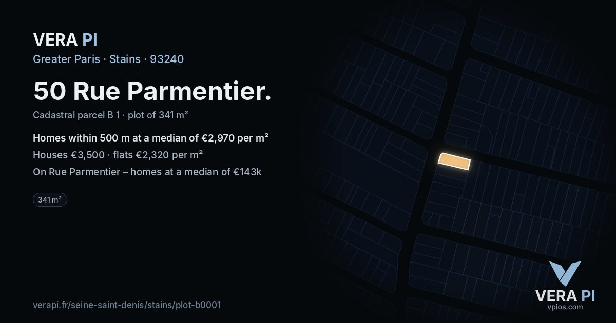 50 Rue Parmentier, Stains at night – the plot lit, the parcels around coloured by the prices near them