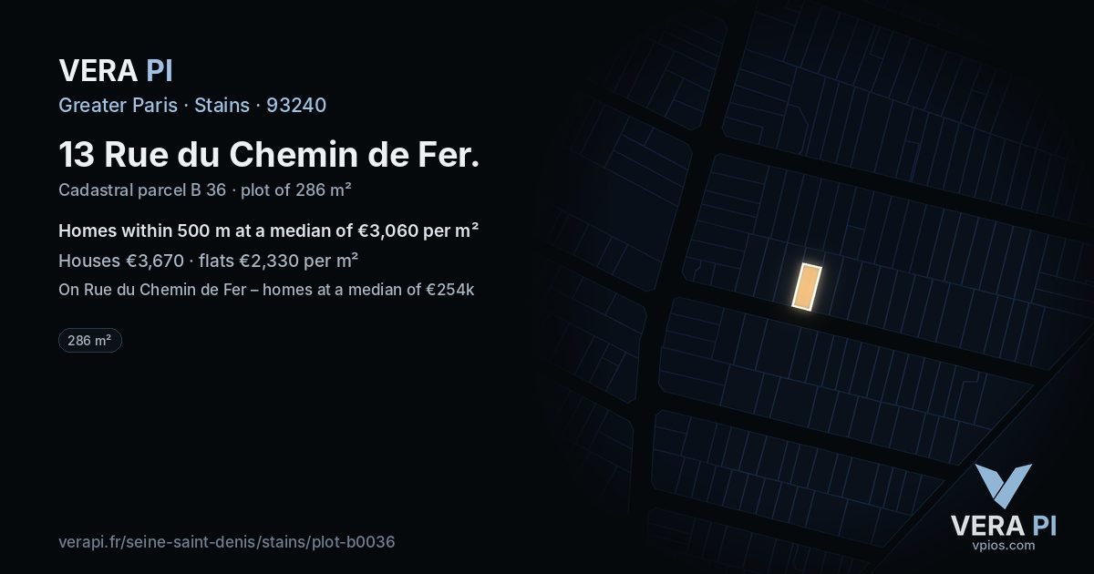 13 Rue du Chemin de Fer, Stains at night – the plot lit, the parcels around coloured by the prices near them
