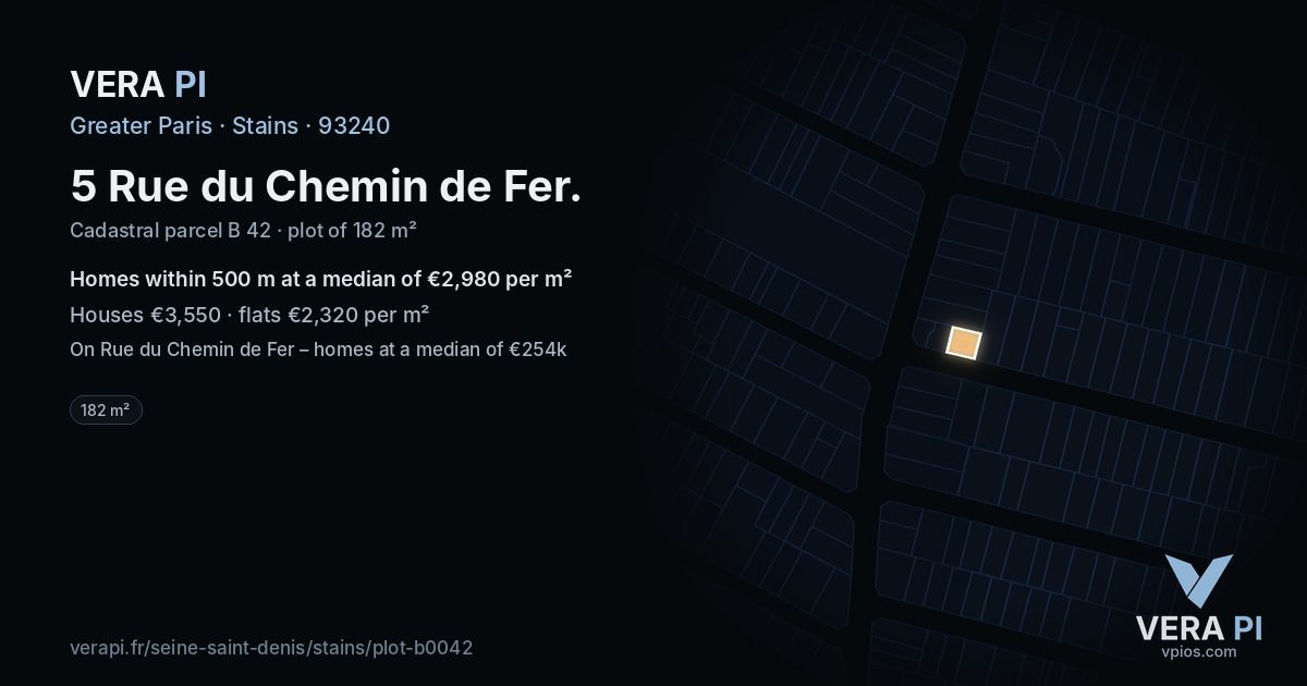 5 Rue du Chemin de Fer, Stains at night – the plot lit, the parcels around coloured by the prices near them