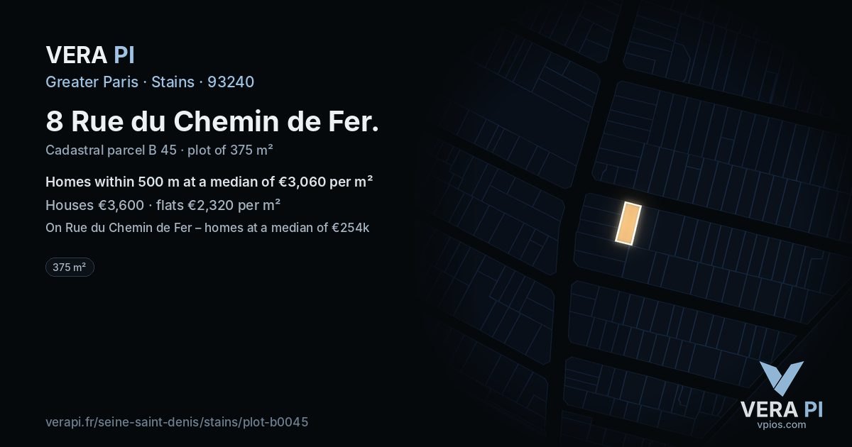 8 Rue du Chemin de Fer, Stains at night – the plot lit, the parcels around coloured by the prices near them